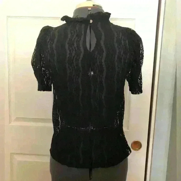 Blashe Black lace short puffy sleeve gathered neck collar back key hole blouse M - Picture 3 of 7
